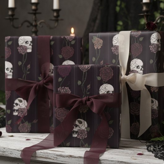 Dark Burgundy Gothic Skull & Rose Stripes ラッピングペーパー