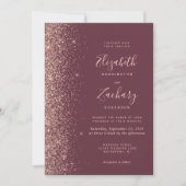Dark Burgundy Rose Gold Glitter QR Code Wedding 招待状 (正面)