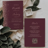 Dark Burgundy Rose Gold Glitter QR Code Wedding 招待状