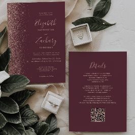 Dark Burgundy Rose Gold Glitter QR Code Wedding 招待状