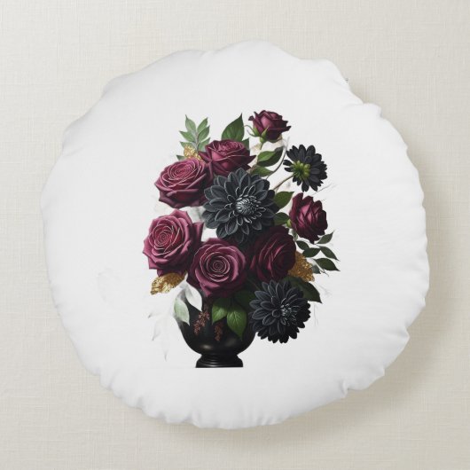 Dark Burgundy Roses and Black Dahlias ラウンドクッション (裏面)