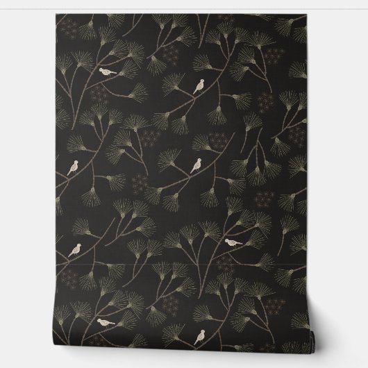 Dark Charcoal Bird & Pine Tree Pattern – Japandi  壁紙 (ほどく)