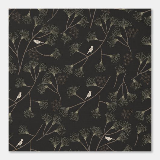 Dark Charcoal Bird & Pine Tree Pattern – Japandi  壁紙 (正面)
