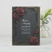 Dark Charcoal Burgundy Rose Floral Wedding 招待状 (スタンド正面)