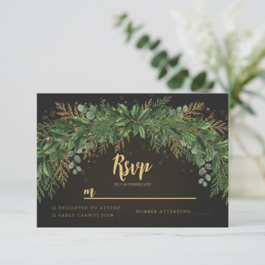 Dark Christmas Greenery Arch Wedding RSVP Card (スタンド正面)