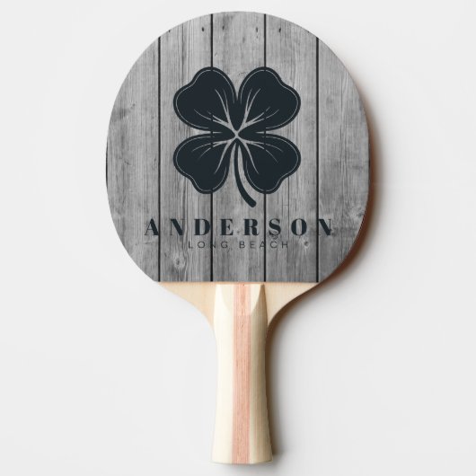 Dark Clean Gray Wood Four Leaf Clover with Name 卓球ラケット (裏面)
