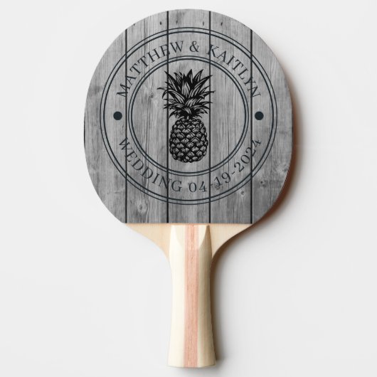 Dark Clean Gray Wood Pineapple Wedding Crest &Name 卓球ラケット (裏面)