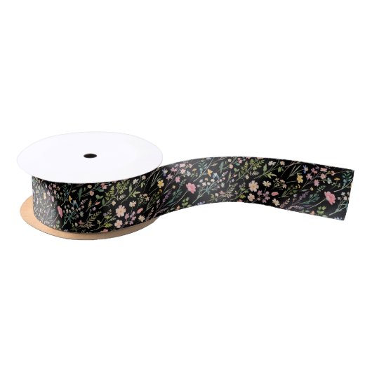 Dark Colorful Wildflower Flower Pattern Black サテンリボン (リール)