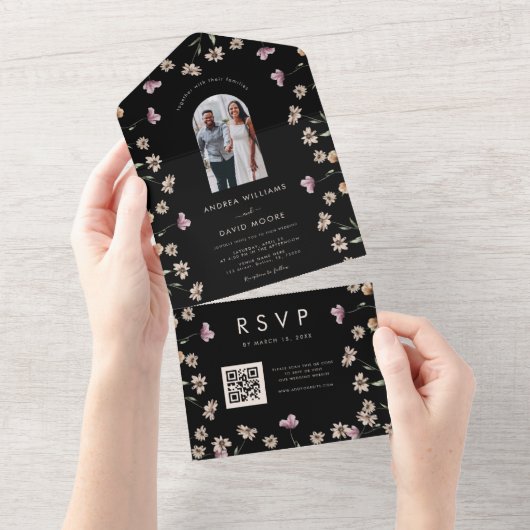 Dark Cream Wildflowers Arch photo QR Code Wedding オールインワン招待状 (貼ってはがせる)