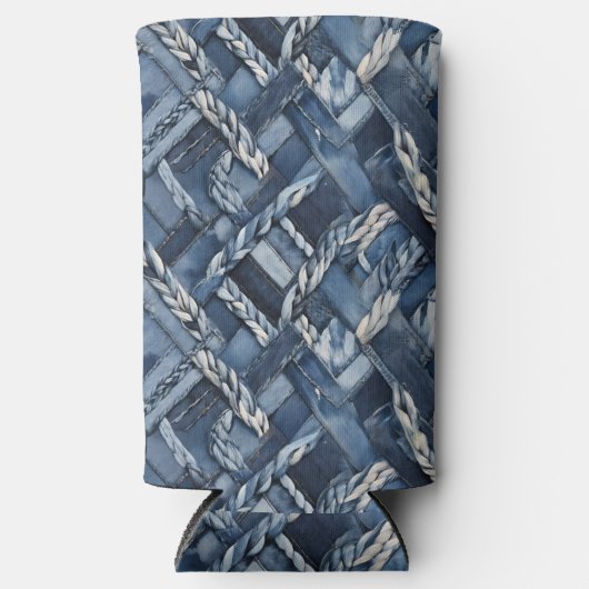 Dark Distressed Denim Patchwork And Braids スリム缶クーラー (正面)