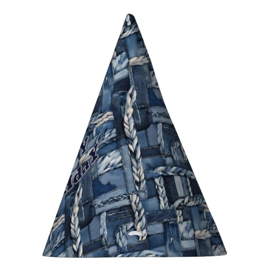 Dark Distressed Denim Patchwork And Braids パーティーハット (右)