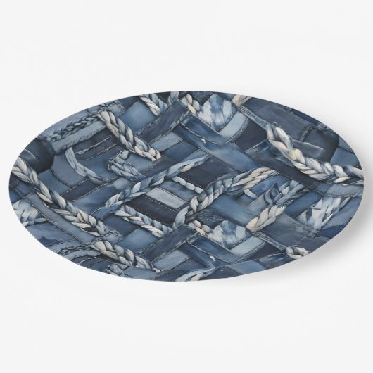 Dark Distressed Denim Patchwork And Braids ペーパープレート (アングル)