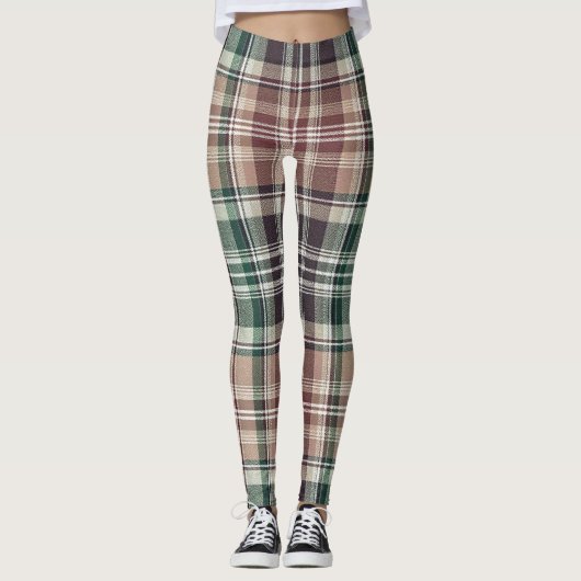 Dark Earthy Green Tan Tartan Plaid レギンス (正面)
