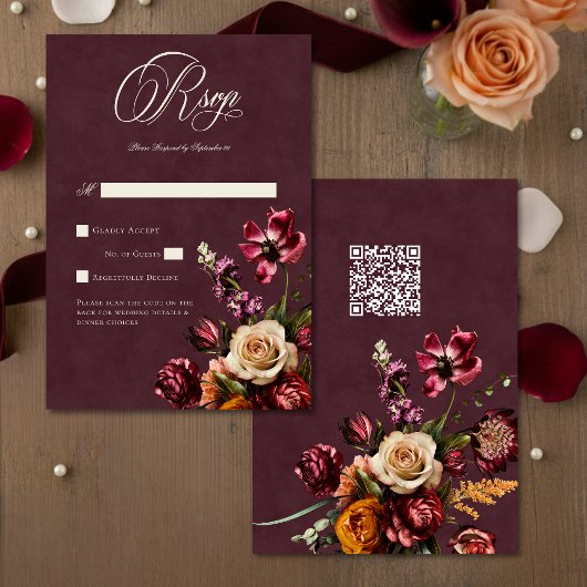 Dark Elegant Autumn Floral Burgundy Wedding QR 出欠カード
