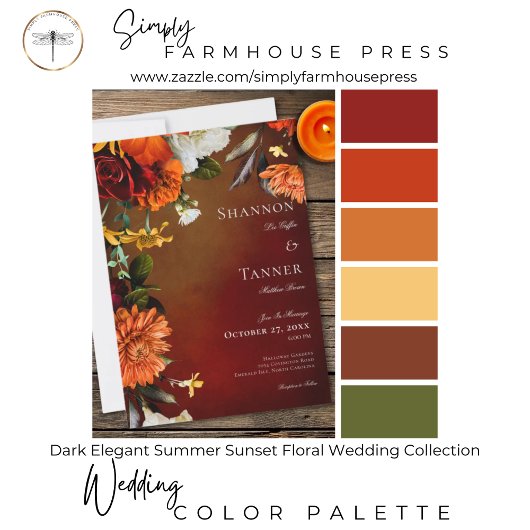 Dark Elegant Summer Sunset Floral Wedding 招待状