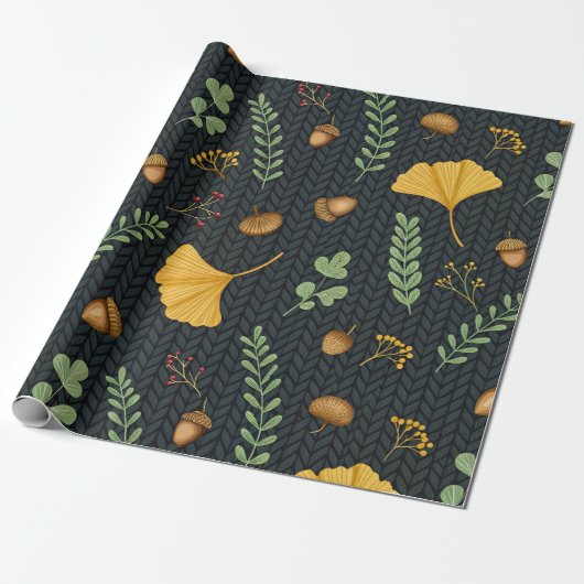 Dark Fall Gift Wrap with Ginkgo Leaves and Acorns ラッピングペーパー (アンロールド)