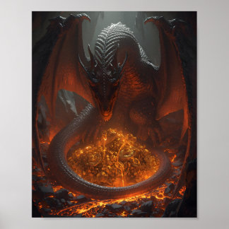 Dark Fire Dragon Guarding Treasure – Fantasy Art ポスター