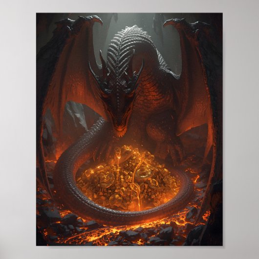 Dark Fire Dragon Guarding Treasure – Fantasy Art ポスター (正面)