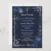 Dark Floral Baptism Invitation Moody Deep Blue 招待状 (正面)