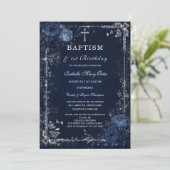 Dark Floral Baptism Invitation Moody Deep Blue 招待状 (スタンド正面)