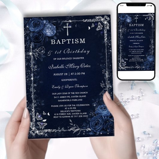 Dark Floral Baptism Invitation Moody Deep Blue 招待状