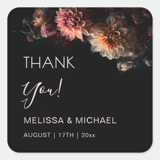 Dark Floral Chrysanthemum Wedding Thank You スクエアシール (正面)