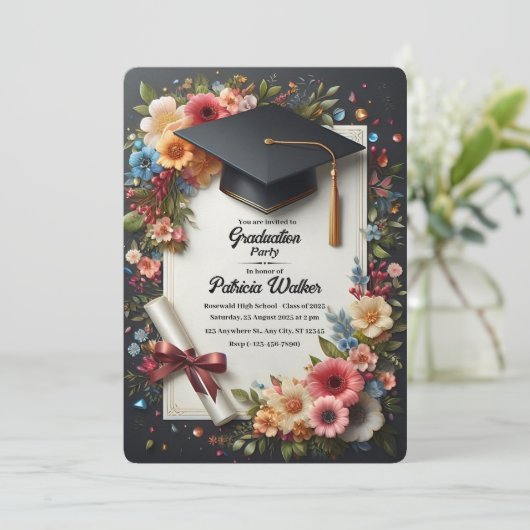Dark Floral Elegant Graduation Party Invitation 招待状 (スタンド正面)