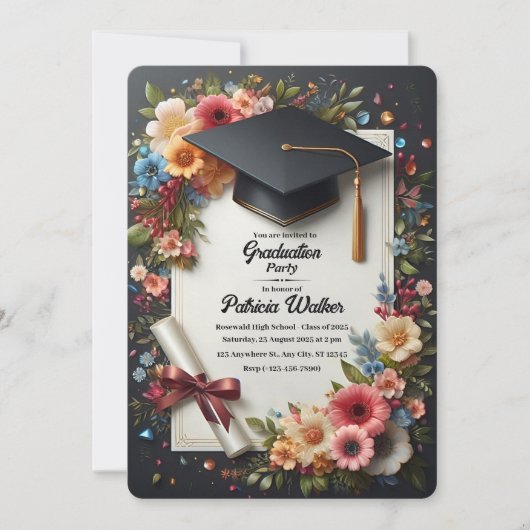 Dark Floral Elegant Graduation Party Invitation 招待状 (正面)