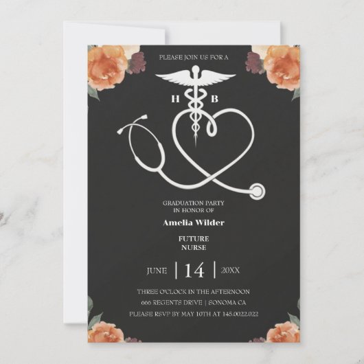 Dark Floral Nursing Graduation Invitation with Hea 招待状 (正面)