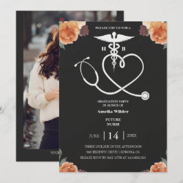 Dark Floral Nursing Graduation Invitation with Hea 招待状