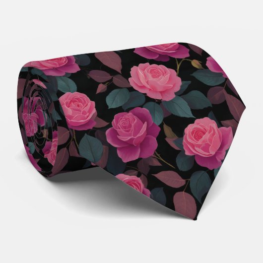 Dark Floral Pink Rose Pattern ネクタイ (ロール)