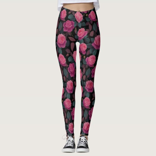 Dark Floral Pink Rose Pattern レギンス (正面)