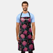 Dark Floral Pink Rose Pattern Custom エプロン (着用した状態)