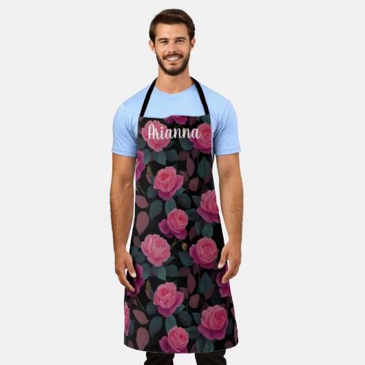 Dark Floral Pink Rose Pattern Custom エプロン (着用した状態)