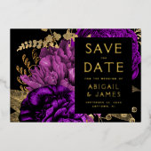 Dark Floral Purple Gold Wedding Save the Date 箔招待状 (正面)