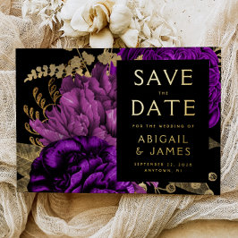 Dark Floral Purple Gold Wedding Save the Date 箔招待状