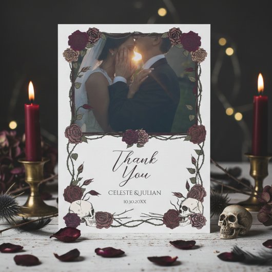 Dark Floral Skull Photo Wedding Thank You Card サンキューカード