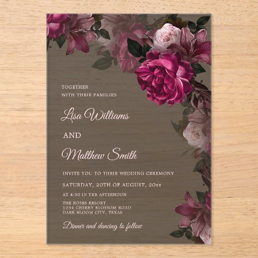 Dark Floral Transparent Wedding Acrylic Invitation アクリル招待状 (正面)