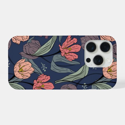 Dark Floral Tulip Pattern Phone Case iPhoneケース (裏面横)