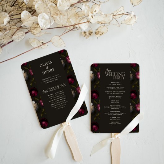 Dark Floral Wedding Program Elegant Burgundy ハンドファン