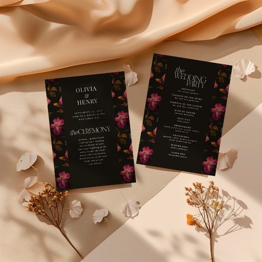 Dark Floral Wedding Program Elegant Burgundy プログラム