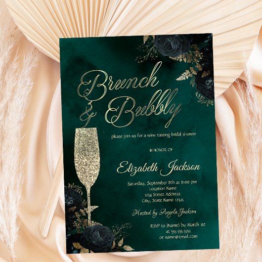 Dark Flowers Champagne Glass Green 招待状