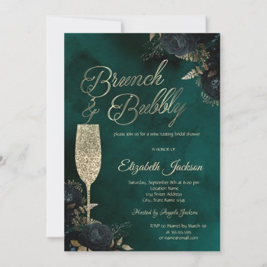 Dark Flowers Champagne Glass Green 招待状 (正面)