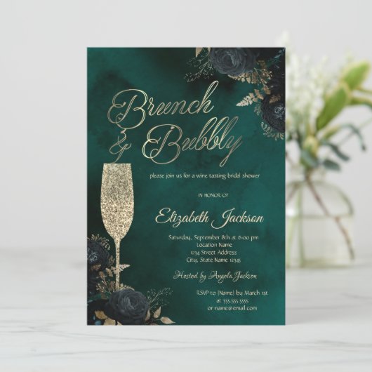 Dark Flowers Champagne Glass Green 招待状 (スタンド正面)