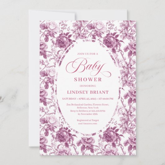 Dark Fuchsia Rose Pattern Toile Baby Shower Invite 招待状 (正面)