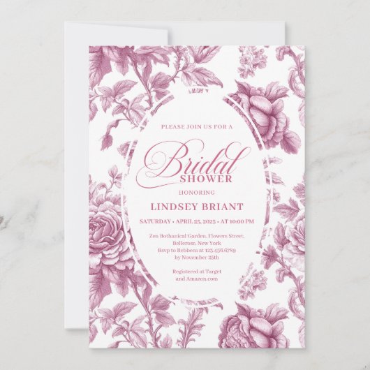 Dark Fuchsia Toile Roses Bridal Shower Invitation  招待状 (正面)