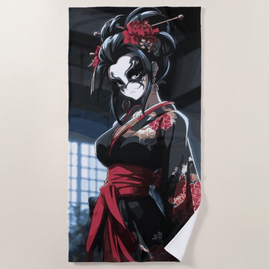 Dark Geisha Portrait Japanese Gothic Art ビーチタオル (正面)