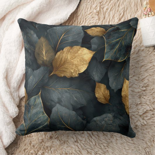 Dark Gold Botanical Leaves Throw Pillow クッション (ブランケット)