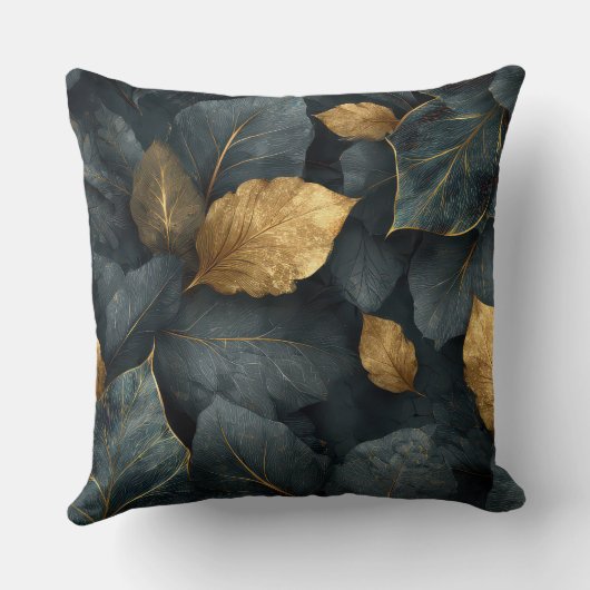 Dark Gold Botanical Leaves Throw Pillow クッション (裏面)