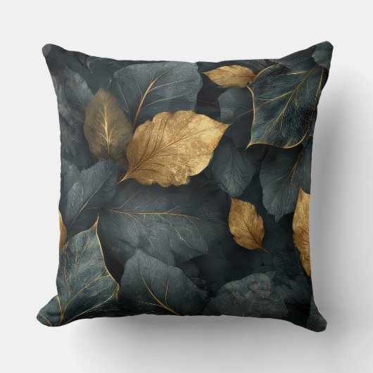 Dark Gold Botanical Leaves Throw Pillow クッション (正面)